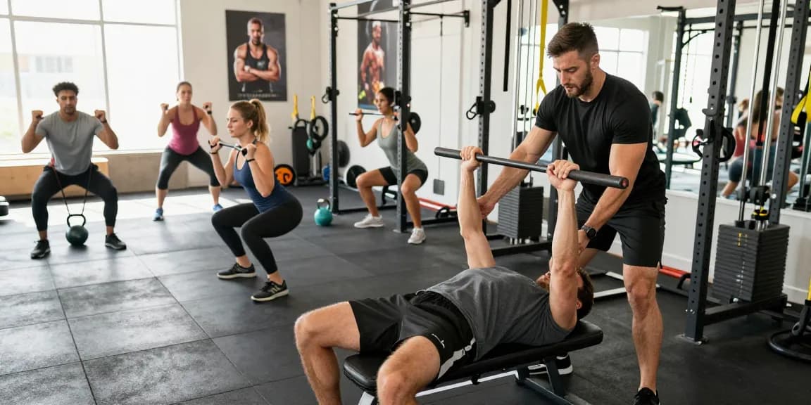 Medi Pharma Steroid Shop: Krafttraining mit einer Gruppe motivierter Sportler in einem modernen Fitnessstudio.