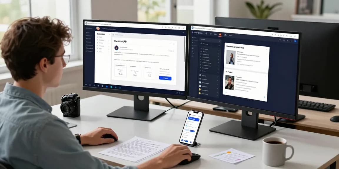Modern workspace showcasing the Honista APK on dual monitors, highlighting app features and customization.
