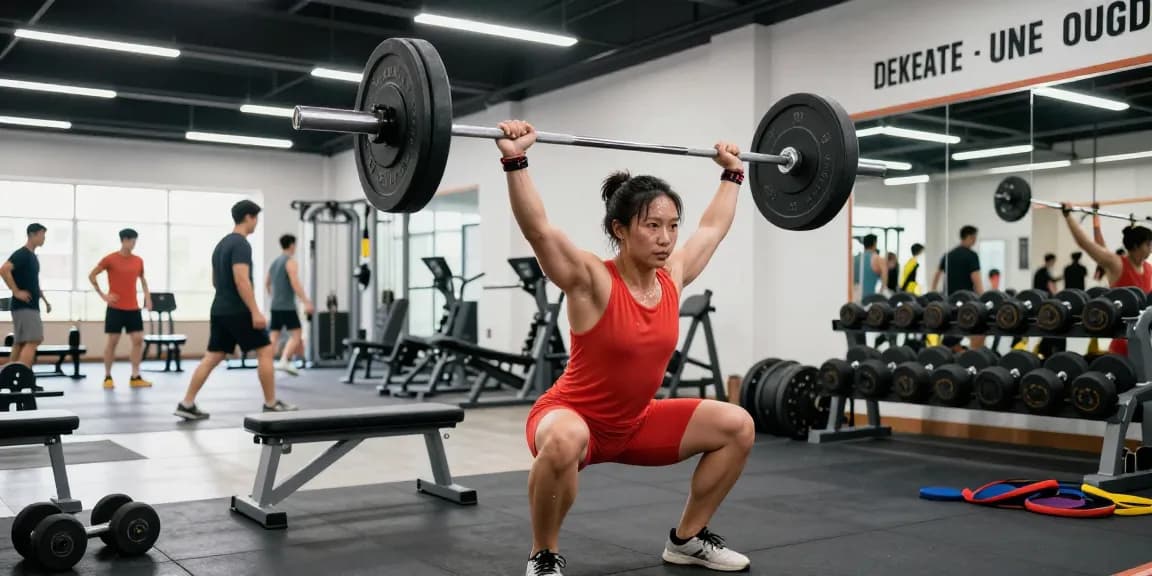 Anabolika Shop: Athlet beim Gewichteheben in modernem Fitnessstudio, angestrengt und motiviert.