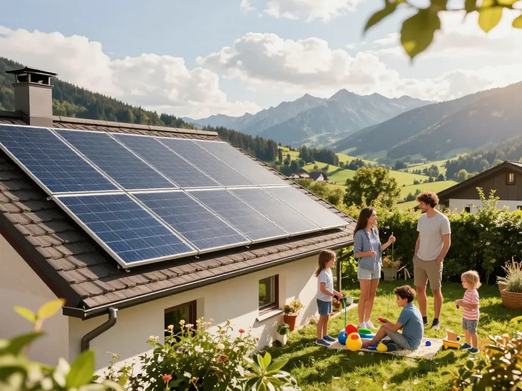 Photovoltaik Bayern Solarpanel-Installation auf einem bayerischen Zuhause mit einer Familie, die einen sonnigen Tag genießt.