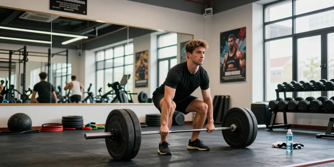 Fitnessbegeisterter, der Gewichte im Steroidshop-Fitnessstudio hebt und Stärke sowie Entschlossenheit zeigt.