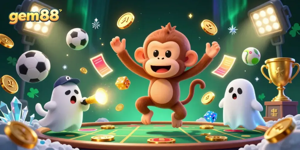 Experience the thrilling dynamics of gem88's casino world with a playful ghost monkey and an adventurous puppy.