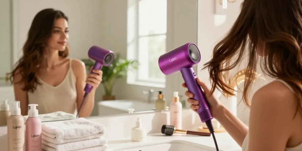 Die Nutzung des Laifen Haartrockners in einem hellen Badezimmer, umgeben von Pflegeprodukten.