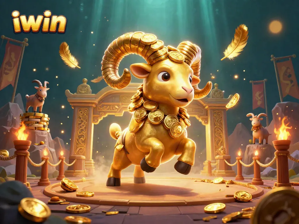 iwin showcases a dynamic casino scene with a golden ram charging through a vibrant gaming arena.