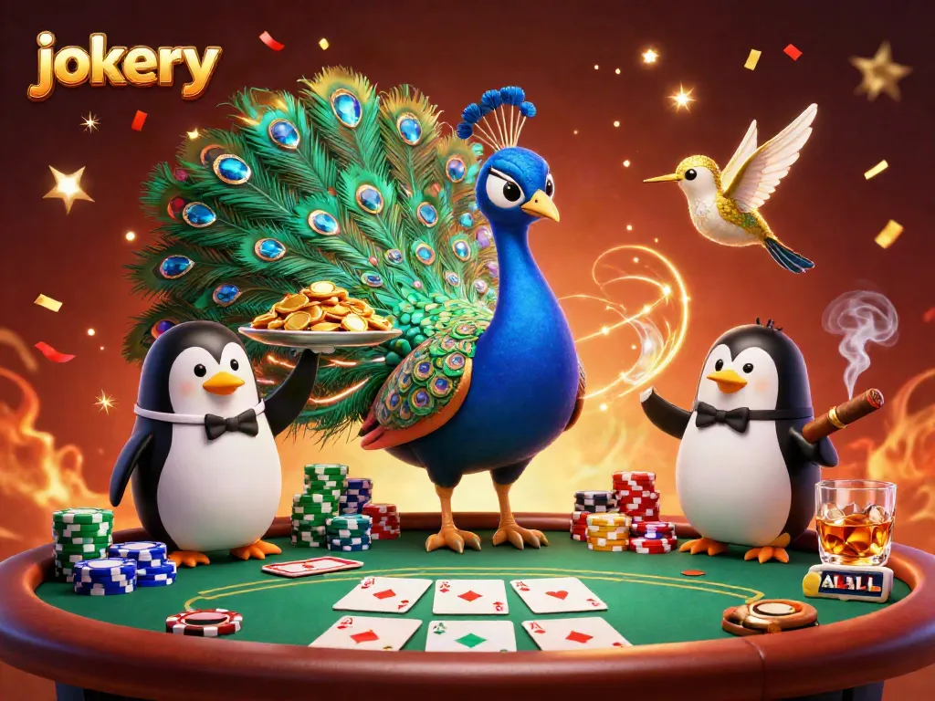 Experience jokery excitement with vibrant casino characters, chips, and cards in a lively scene.