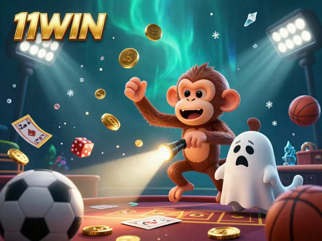 Experience the thrill of 11WIN with a lively poltergeist monkey and fearful puppy in a vibrant casino scene.