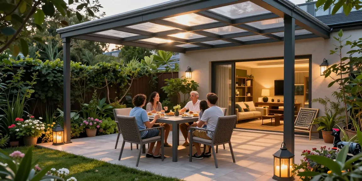 Moderne Terrassenüberdachung in einem schönen Garten mit glücklicher Familie.