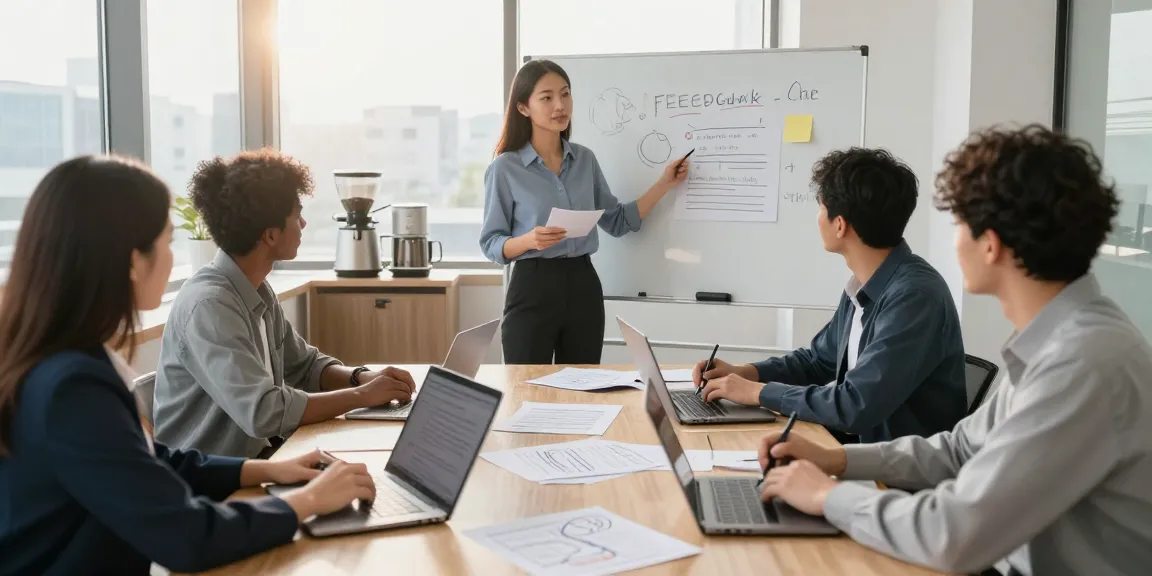 Feedback Kultur Arbeit: Team im modernen Büro bei einer Feedback-Sitzung für bessere Zusammenarbeit.
