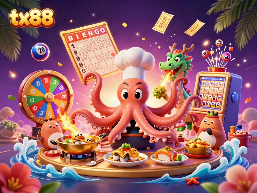 Experience the excitement of tx88 with a colorful 3D illustration of a sushi chef octopus and friends in a vibrant casino setting.