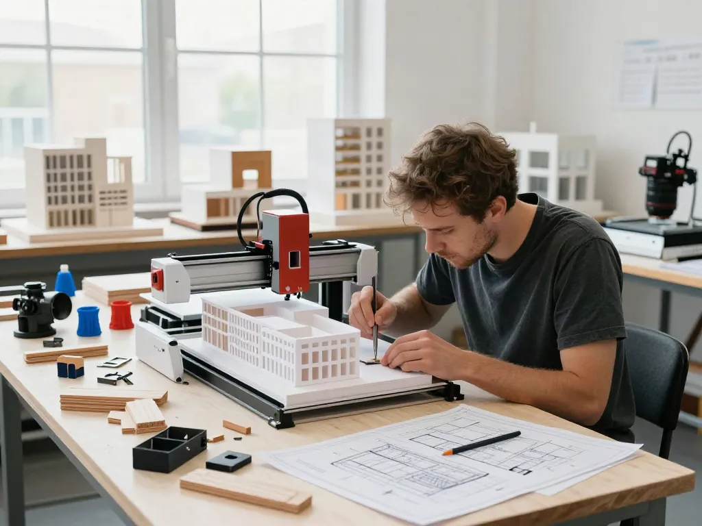 Architekturmodellbau Schweiz: Detaillierte Werkstattaufnahme eines Handwerkers, der an einem Architekturmodell arbeitet.