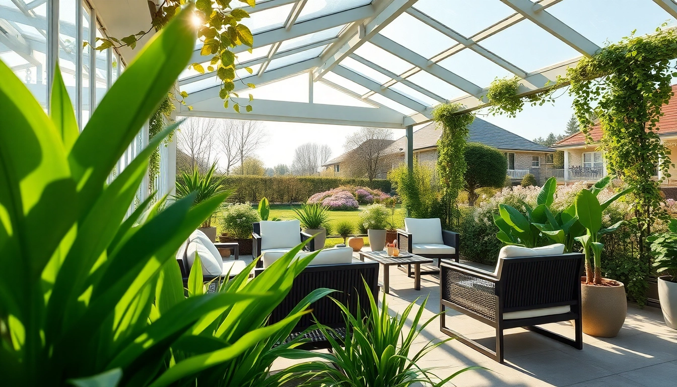Gestalten Sie Ihren Wintergarten mit eleganten Moebeln und ueppigem Gruen fuer eine entspannende Atmosphaere.