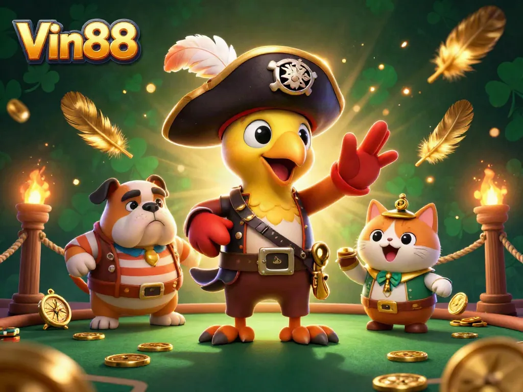 Experience thrilling gambling action with Vin88 featuring a pirate captain and his crew in a dynamic casino scene.