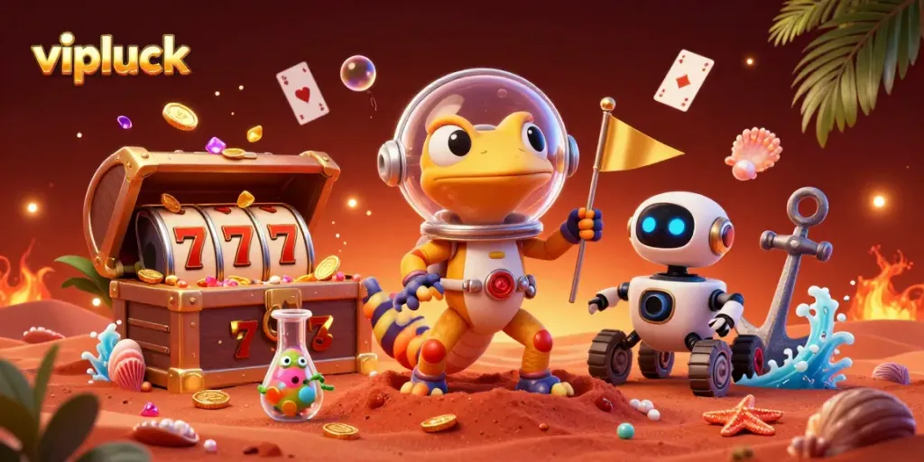 Experience the excitement of vipluck casino with a Martian gecko exploring a buried treasure.