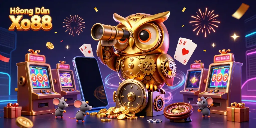 Experience the lively Hướng Dẫn Xo88 scene with an animated golden owl, slot machines, and casino elements.