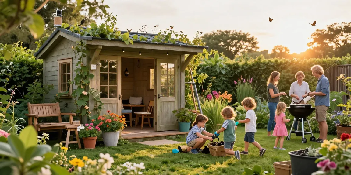 Garten Haus im Grünen mit Familie, lebhaften Blumen und gemütlicher Atmosphäre.