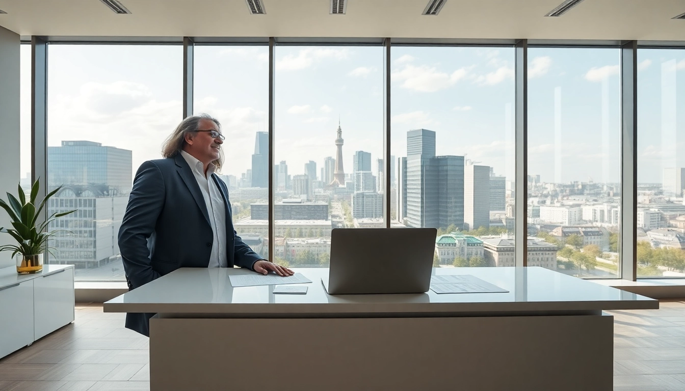 Immobilienmakler Frankfurt Eschersheim zeigt ein modernes Büro mit Stadtansicht.