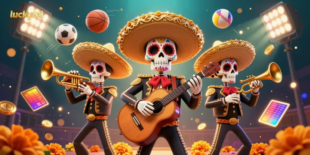 Witness the excitement of lucky88 as Dia de los Muertos skeleton musicians fill the casino with vibrant energy, complemented by sports elements.