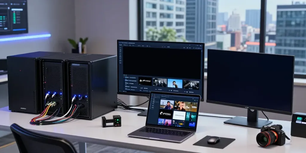 IPTV server setup in a modern home office with multiple screens showcasing streaming interfaces.