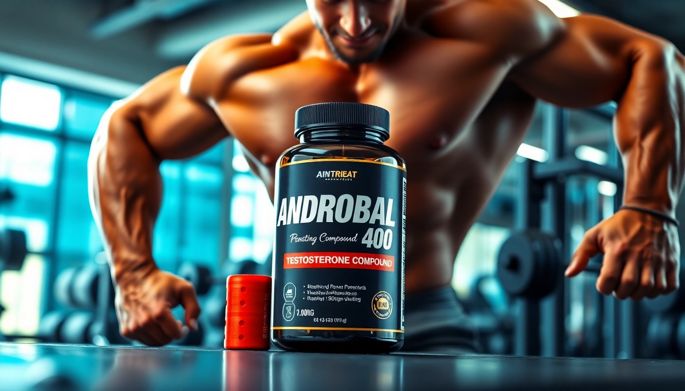 Androbal 400 Testosterone Compound next to fitness gear in a well-lit gym.