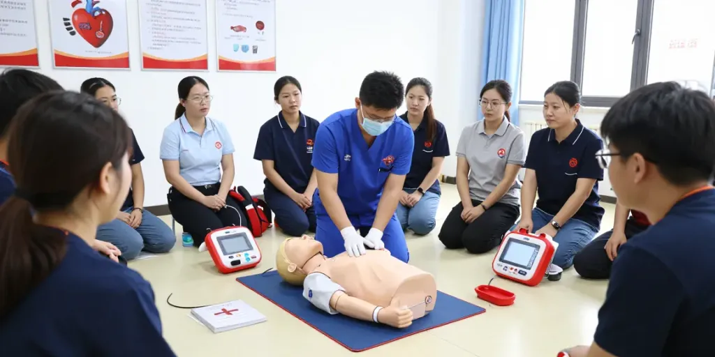 Ein Defibrillator wird in einer Notfallschulung verwendet, um Herzsicherheit zu demonstrieren.