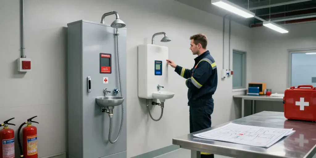 Tanknotdusche für Industrie emergency shower setup with technician inspecting equipment in a safety-focused environment.
