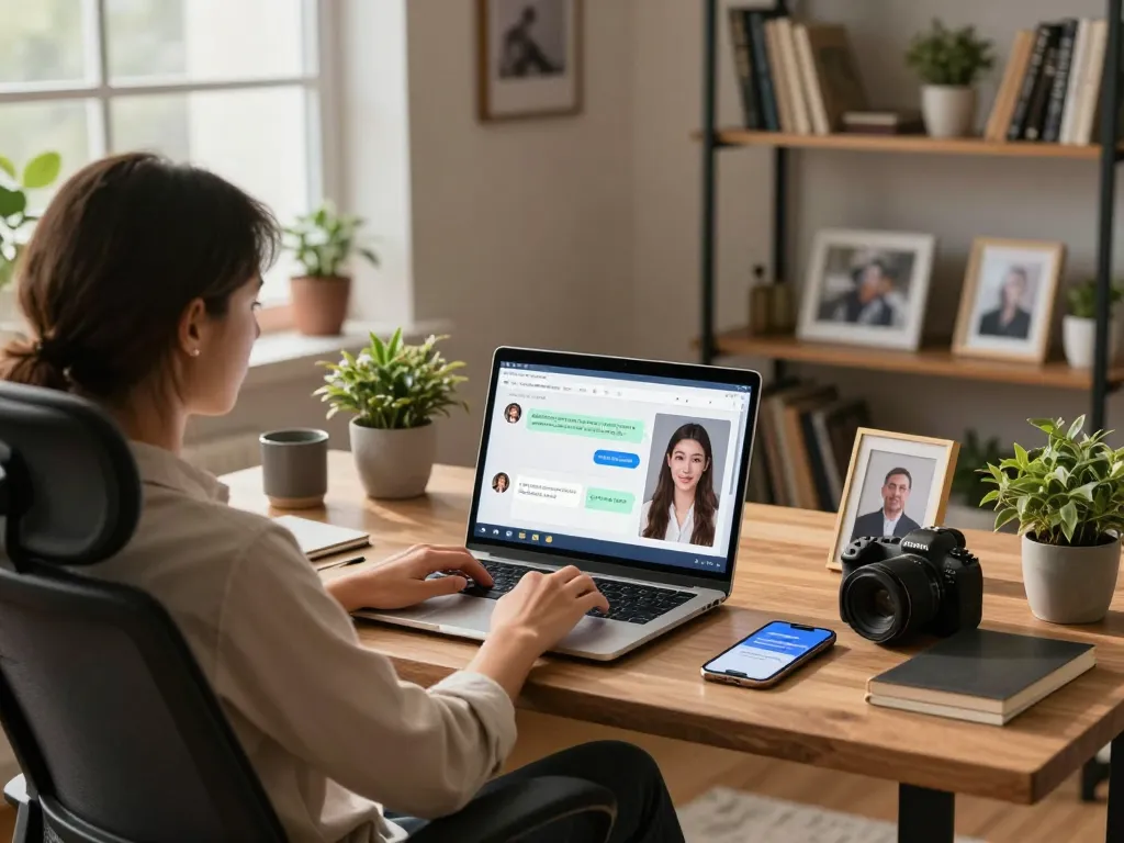 Interactive scene of a user engaging with an AI girlfriend interface in a cozy home office setting.