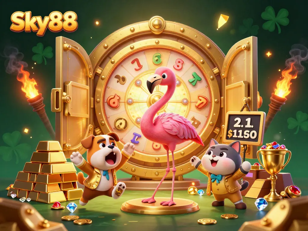 Spin the prize wheel at Sky88 and uncover treasures in a vibrant casino scene.