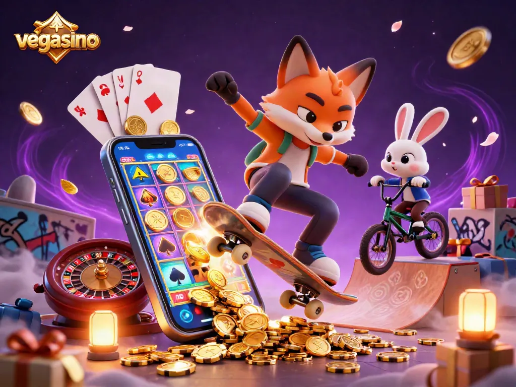 Watch the thrilling vegasino world where a fox and rabbit perform casino tricks amidst vibrant game symbols and golden elements.