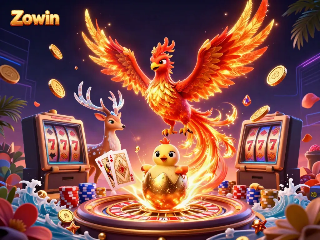 Experience thrills with Zowin's vibrant casino adventure featuring a magical phoenix and cascading riches.