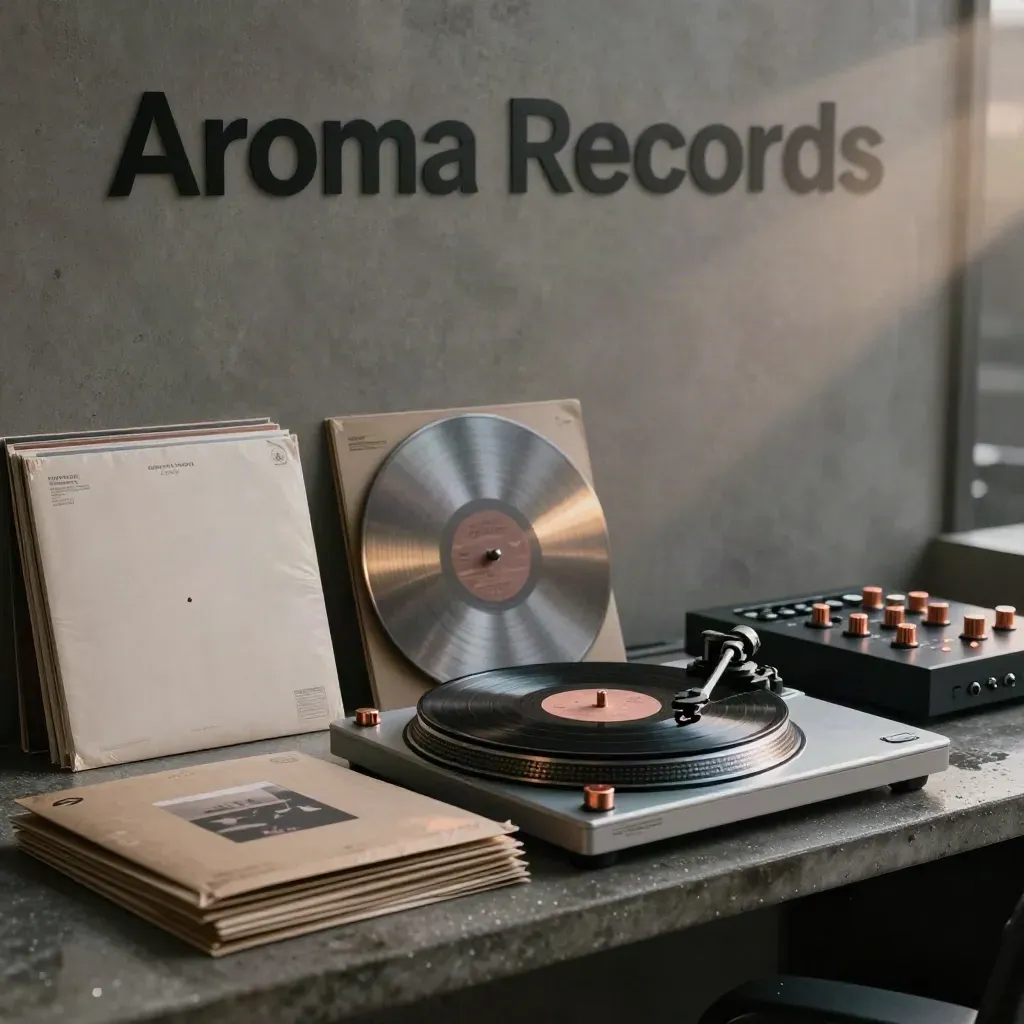 Vinyl-Testpressung, Sleeves, Mailer und Mastering-Console im Regenlicht