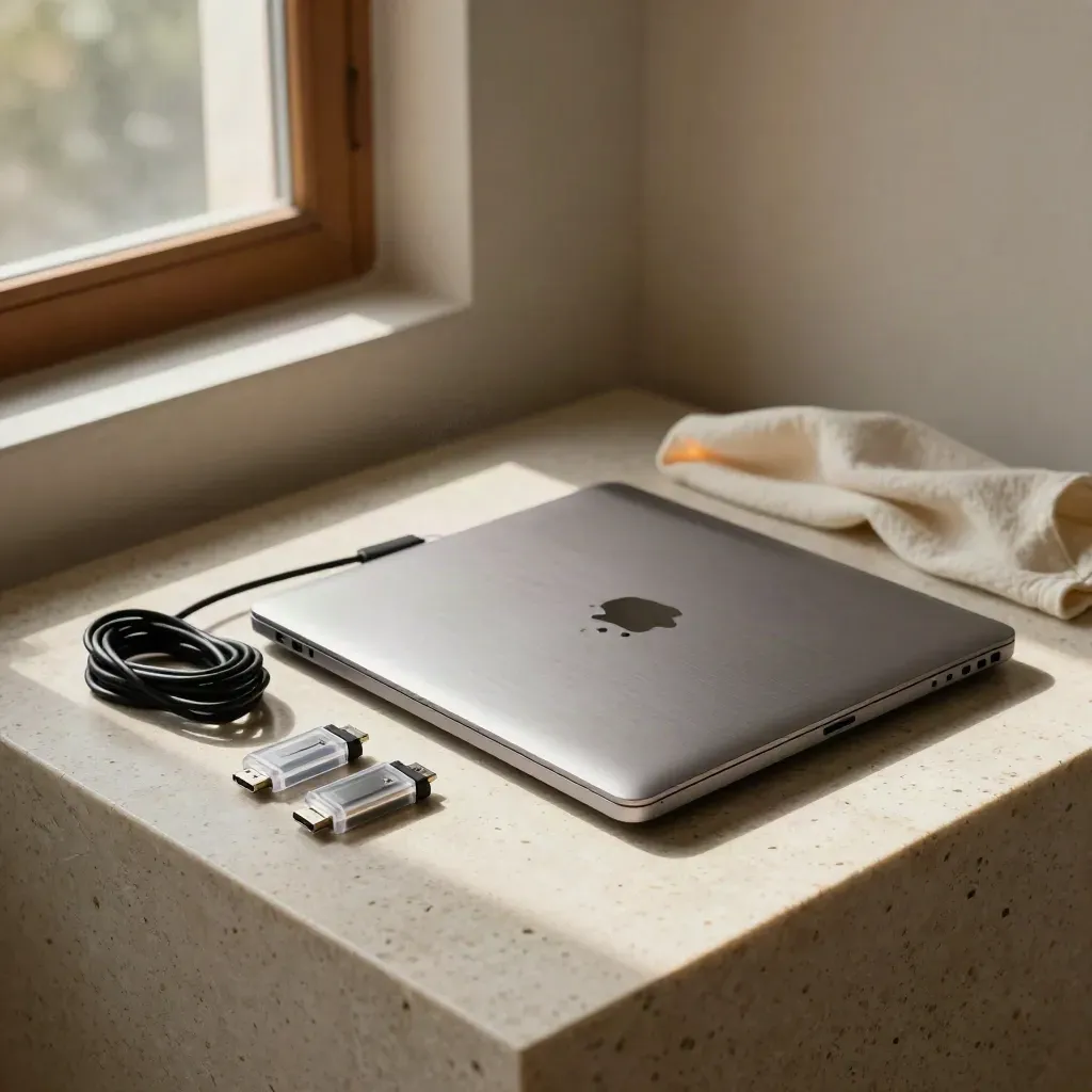 Geschlossenes Laptop, Audio-Interface und USB-Sticks auf Travertin im warmen Studiolicht.