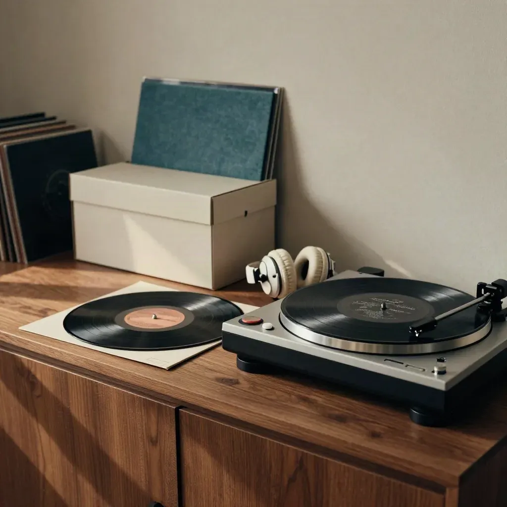 Vinyl, Plattenspieler, Kopfhörer und Archivbox auf Walnuss-Konsole im Listening-Corner.