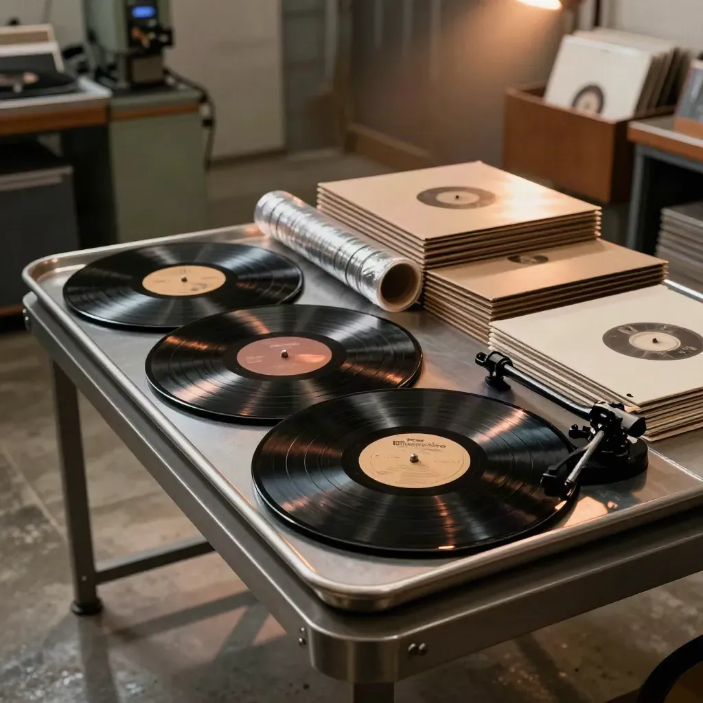 Vinylplatten kühlen auf Metalltablett neben Hüllen und Schrumpffolie in der Presserei.
