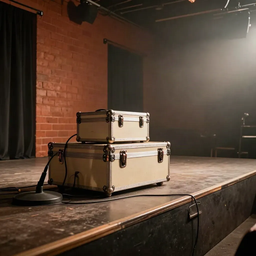 Leere Clubbühne mit Monitorbox, Mikrofonständer und Flightcases im Dunst.