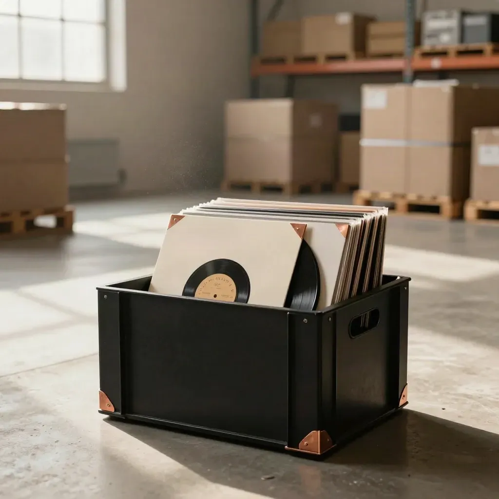 Vinylkiste mit fertigen Schallplatten und geöffneten Hüllen im warmen Lager
