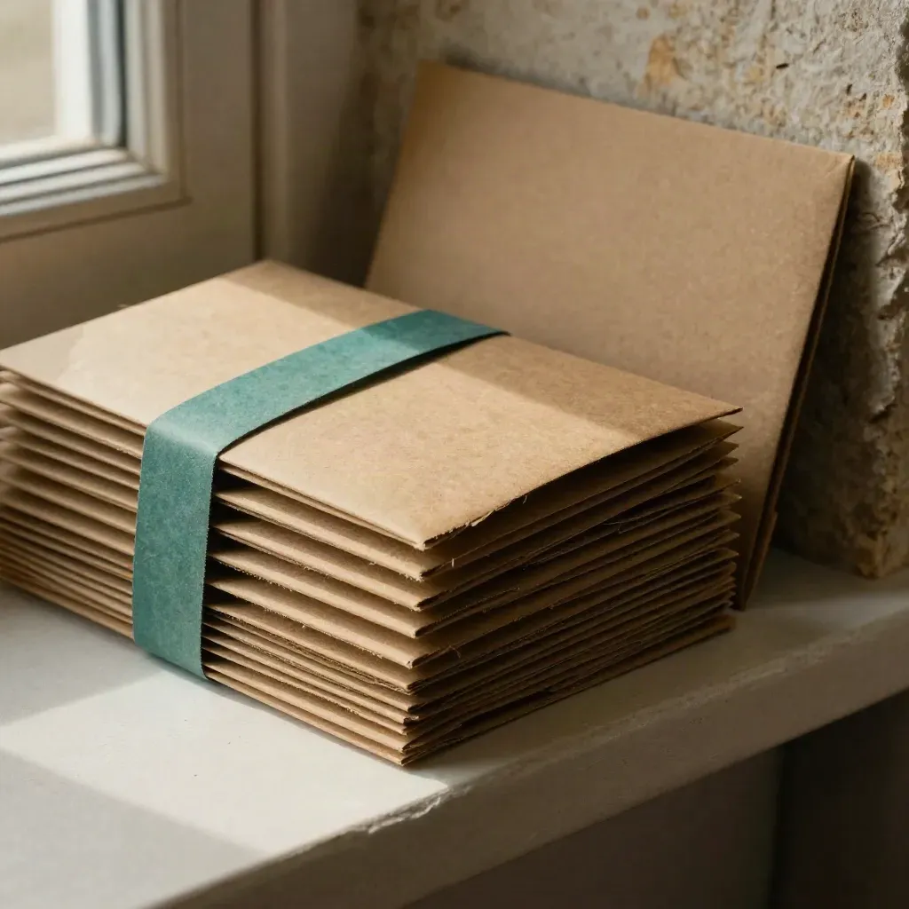 Kraft-Mailer und Sieben-Zoll-Hüllen auf einer Putzablage im warmen Fensterlicht.