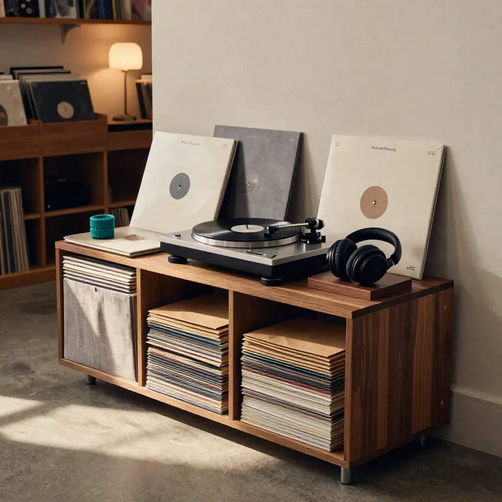 Vinyl-EP-Display mit Plattenspieler, Kopfhörern und Versandkartons im warmen Licht