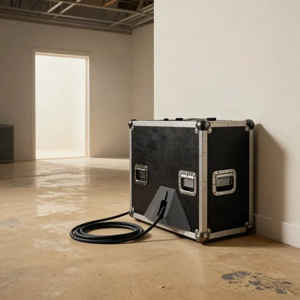 Leere Bühnenöffnung, Monitorbox und Backline-Cases im Clublicht.