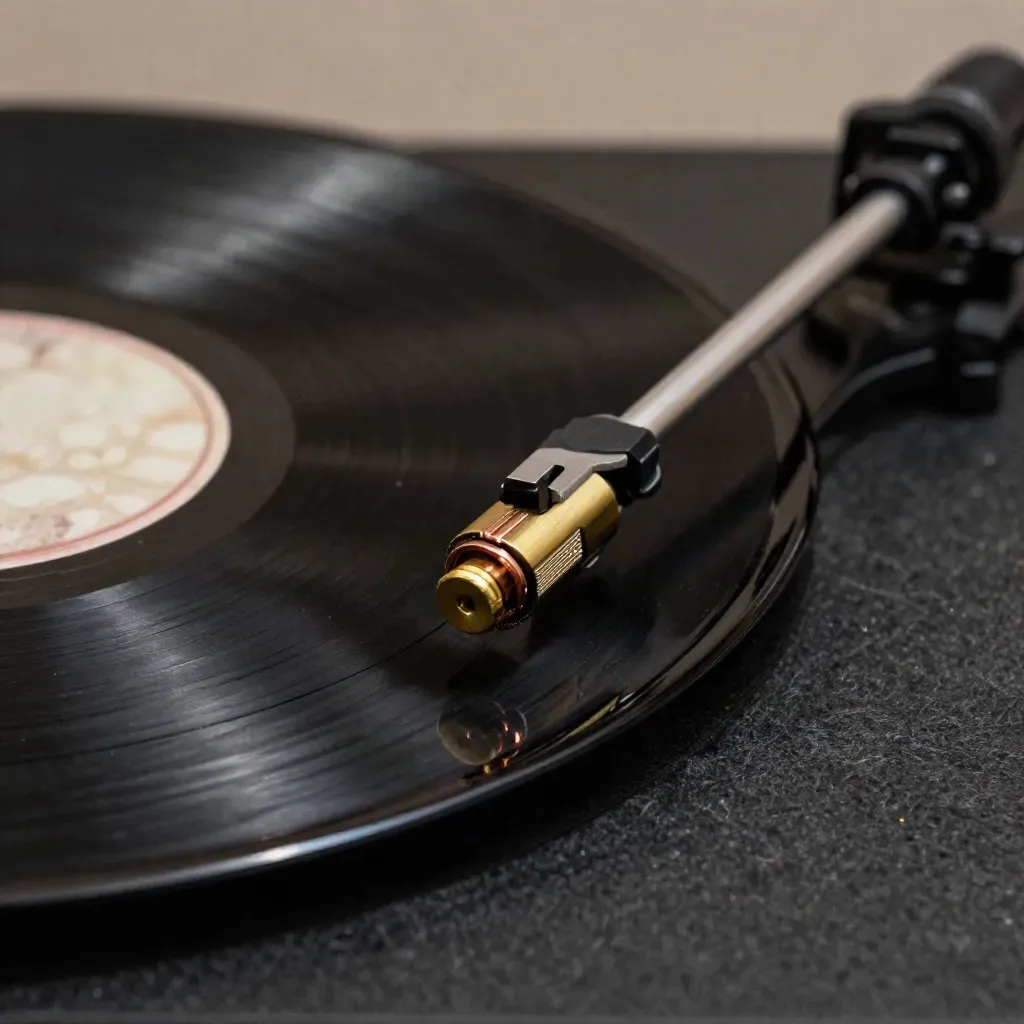 Schwarze Vinylsingle mit Messingadapter und Filzmatte in extremer Makroaufnahme.