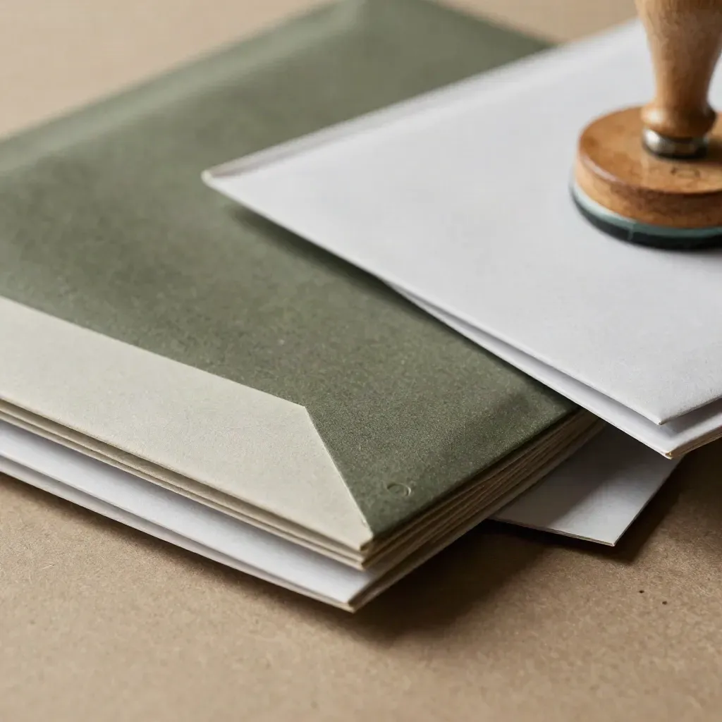 Promo-Mailer, Stempel und leere Vinylhüllen auf einem Verpackungstisch in sanftem Licht.