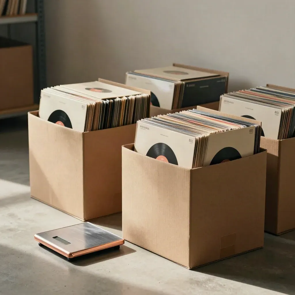 Kartons mit 12-Zoll-Vinyl, Füllmaterial und Bodenwaage auf hellem Beton.