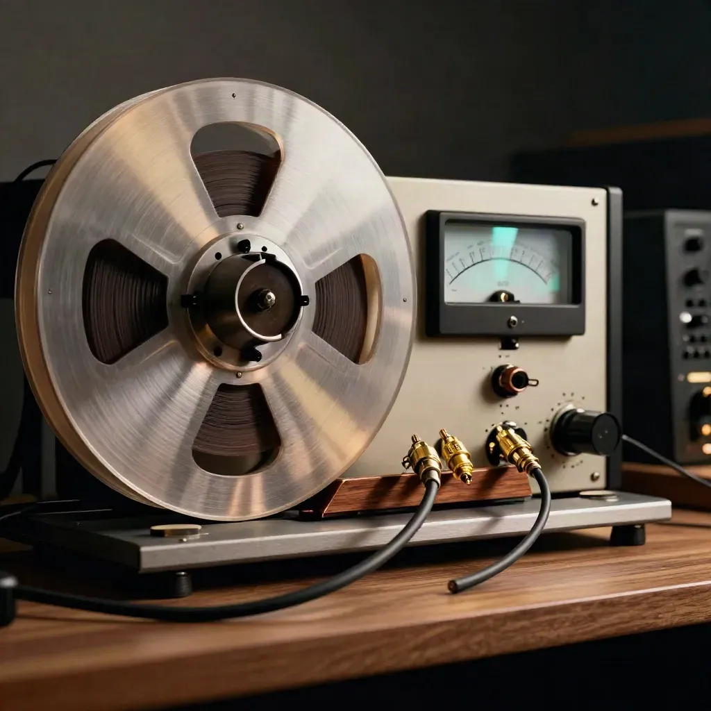 Mastering-Tonbandspule, Patchkabel und leuchtende Pegellinse auf warmem Holz
