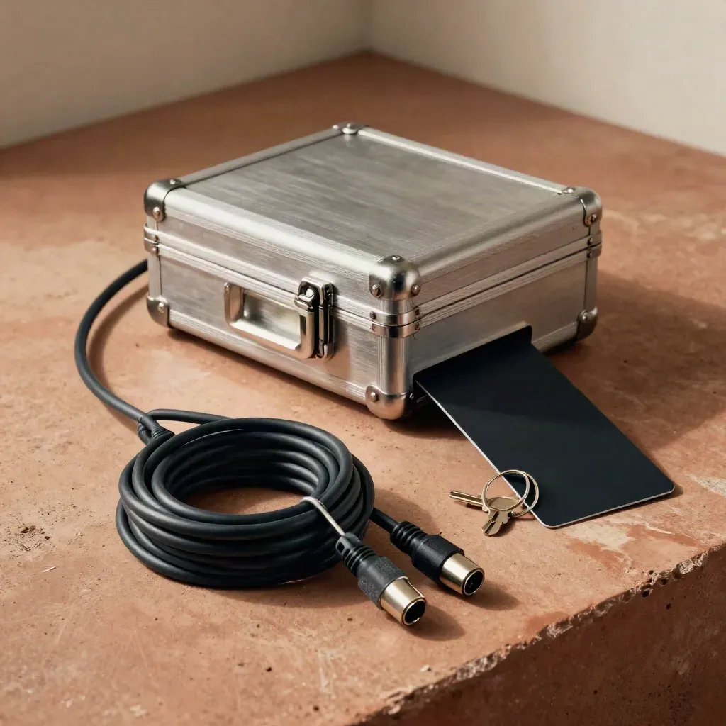 XLR-Kabel, Flightcase-Verschluss und Schlüsselring auf terrakottafarbenem Untergrund.