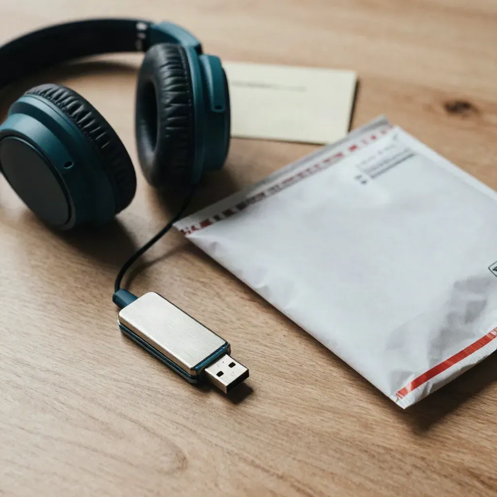 USB-Stick, Kopfhörer und versiegelter Versandumschlag auf hellem Holz.