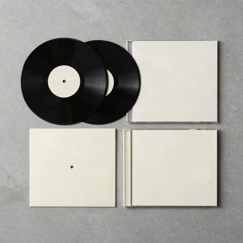Vinylplatten, CD-Hülle und Formatblock auf grauem Beton im Überkopf-Layout