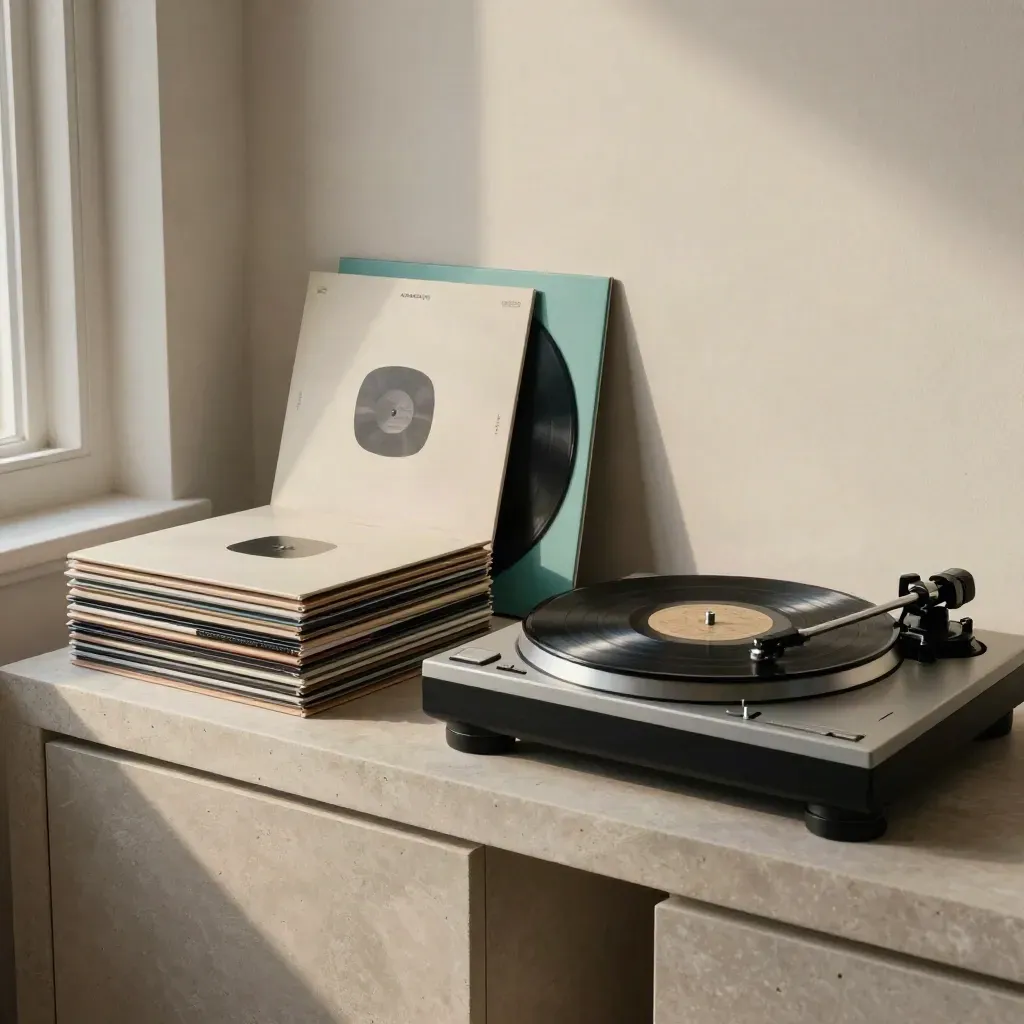 Gestapelte Vinylplatten neben einem drehenden Plattenspieler auf hellem Steinsockel.