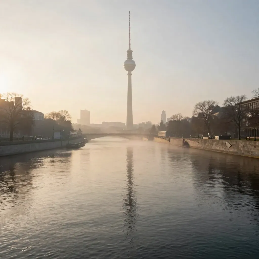 Berliner Skyline im goldenen Morgennebel mit Fernsehturm über der Spree