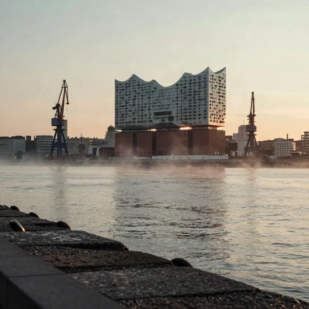 Hamburger Hafenkräne und Elbphilharmonie über stiller, nebliger Wasserfläche bei Morgenlicht.