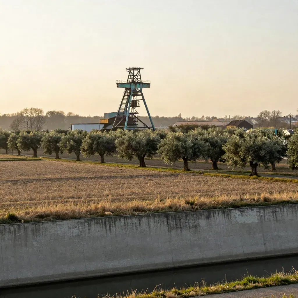 Ruhrgebiet mit Stahlkonstruktion über ruhigen grünen Feldern im goldenen Dunst