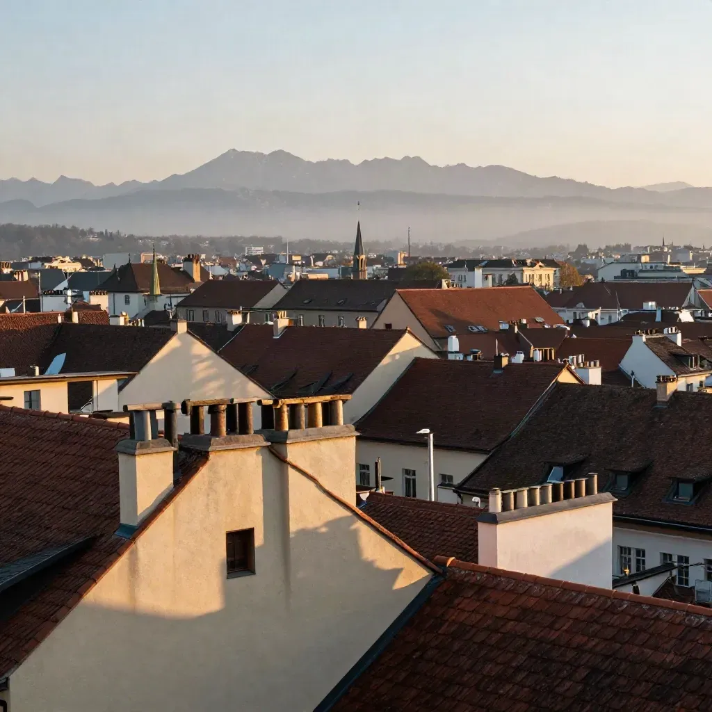 Münchner Dächer im Goldlicht, Alpenlinie im Dunst, ruhige Fläche für Text